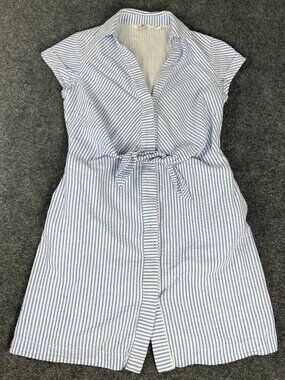 Vineyard Vines Seersucker Dress Blue Stripe Cotton Tie Waist Pockets Lined Sz 6